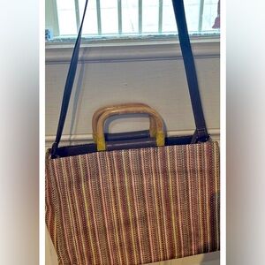 Fossil Handcrafted  Bag 14”L 11”H Wood Handles & Shoulder Strap Weave Multicolor